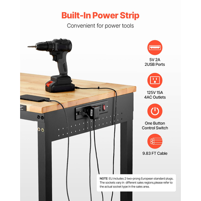 Πάγκος εργασίας VEVOR 48" με ρόδες, ρυθμιζόμενο ύψος, πρίζα και σανίδα
