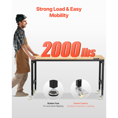 Πάγκος εργασίας VEVOR 60" με ρόδες, ρυθμιζόμενο ύψος, πρίζα και σανίδα