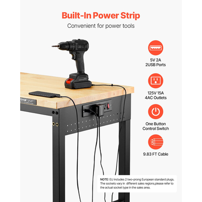 Πάγκος εργασίας VEVOR 60" με ρόδες, ρυθμιζόμενο ύψος, πρίζα και σανίδα