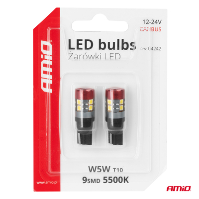 ΛΑΜΠΑΚΙΑ LED T10 W5W 12V/24V LED CAN-BUS 9xSMD 3030 ΛΕΥΚΟ ΦΩΣ 5.500K (ΣΕ ΧΡΩΜΑ ΚΟΚΚΙΝΟ-ΜΑΥΡΟ) AMIO - 2 ΤΕΜ.