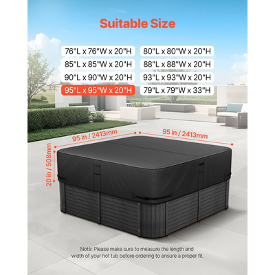 Κάλυμμα υδρομασάζ εξωτερικού χώρου VEVOR 2413x2413x508mm, ανθεκτικό στις καιρικές συνθήκες και αδιάβροχο, μαύρο