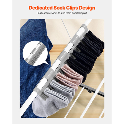 VEVOR Πτυσσόμενη Απλώστρα Ρούχων 2 Επιπέδων με Κλιπς για Κάλτσες & 31 Ράβδους Στεγνώματος Λευκό