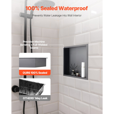 Θέση ντους VEVOR 33,0 x 33,0 x 10,2 cm Εντοιχιζόμενο ράφι τοίχου από ανοξείδωτο ατσάλι, μαύρο