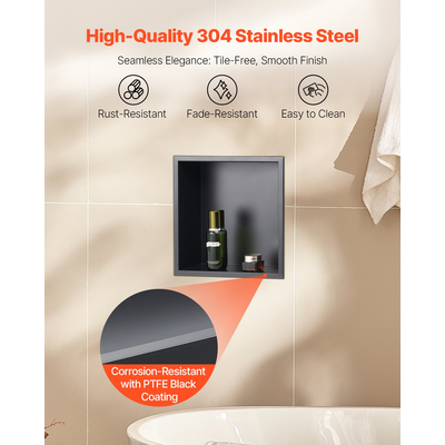 Θέση ντους VEVOR 33,0 x 33,0 x 10,2 cm Εντοιχιζόμενο ράφι τοίχου από ανοξείδωτο ατσάλι, μαύρο