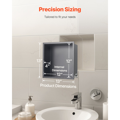 Θέση ντους VEVOR 33,0 x 33,0 x 10,2 cm Εντοιχιζόμενο ράφι τοίχου από ανοξείδωτο ατσάλι, μαύρο