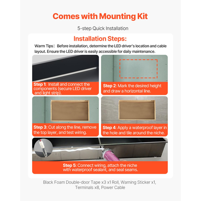 Θέση ντους VEVOR 33,0x63,5x10,2 cm Εντοιχιζόμενο ράφι με ταινία LED από ανοξείδωτο ατσάλι