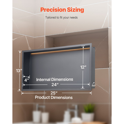 Θέση ντους VEVOR 33,0x63,5x10,2 cm Εντοιχιζόμενο ράφι με ταινία LED από ανοξείδωτο ατσάλι