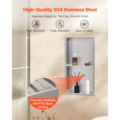 Θέση ντους VEVOR 33,0 x 63,5 x 10,2 cm Εντοιχιζόμενο ράφι τοίχου από ανοξείδωτο ατσάλι, ασημί