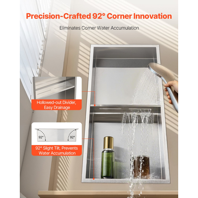 Θέση ντους VEVOR 33,0 x 63,5 x 10,2 cm Εντοιχιζόμενο ράφι τοίχου από ανοξείδωτο ατσάλι, ασημί