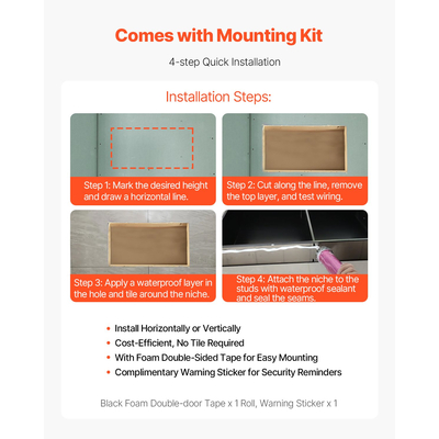 Θέση ντους VEVOR 33,0 x 63,5 x 10,2 cm Εντοιχιζόμενο ράφι τοίχου από ανοξείδωτο ατσάλι, ασημί