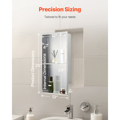 Θέση ντους VEVOR 33,0 x 63,5 x 10,2 cm Εντοιχιζόμενο ράφι τοίχου από ανοξείδωτο ατσάλι, ασημί