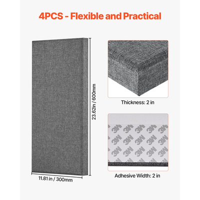 VEVOR 4 τεμάχια ακουστικά πάνελ τοίχου πάχους 2 ίντσας 23,6 x 11,8 ίντσες αυτοκόλλητα γκρι