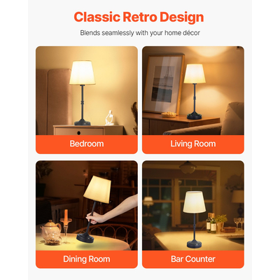 Ασύρματο Επιτραπέζιο Φωτιστικό VEVOR 2 τεμάχια Επαναφορτιζόμενη Επιτραπέζια Φωτιστική Λάμπα Μπαταρίας Υφασμάτινη Αψίδα Μαύρο