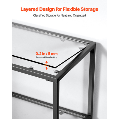 VEVOR Τραπεζάκι Κονσόλας 3 Επιπέδων από Γυάλινο Ορθογώνιο Καναπές-Πλευρικό Τραπεζάκι με Αντιανατροπή, Μαύρο