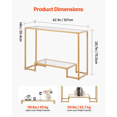 VEVOR Τραπεζάκι Κονσόλας 2 Επιπέδων από Γυάλινο Ορθογώνιο Καναπές-Πλευρικό Τραπεζάκι με Αντιανατροπή, Χρυσό