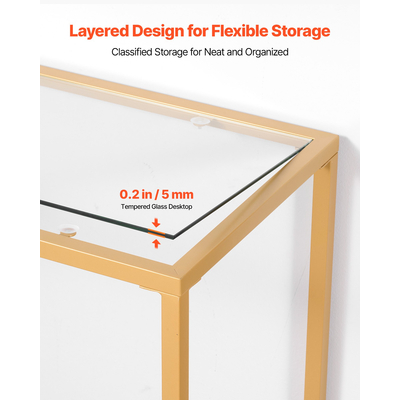 VEVOR Τραπεζάκι Κονσόλας 2 Επιπέδων από Γυάλινο Ορθογώνιο Καναπές-Πλευρικό Τραπεζάκι με Αντιανατροπή, Χρυσό