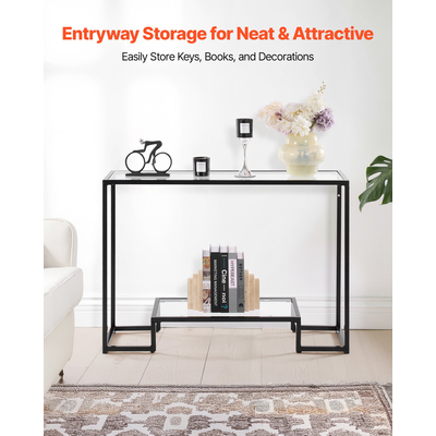 VEVOR Τραπέζι Κονσόλας 2 Επιπέδων από Γυάλινο Ορθογώνιο Καναπές Βοηθητικό Τραπέζι με Αντιανατροπή, Μαύρο