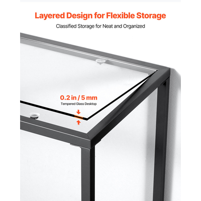 VEVOR Τραπέζι Κονσόλας 2 Επιπέδων από Γυάλινο Ορθογώνιο Καναπές Βοηθητικό Τραπέζι με Αντιανατροπή, Μαύρο