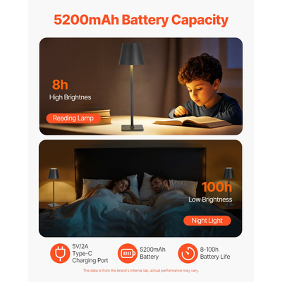 Ασύρματο Επιτραπέζιο Φωτιστικό VEVOR 2 τεμάχια Επιτραπέζιο Φωτιστικό με Επαναφορτιζόμενη Μπαταρία 5200mAh, Μαύρο