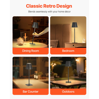 Ασύρματο Επιτραπέζιο Φωτιστικό VEVOR 2 τεμάχια Επιτραπέζιο Φωτιστικό με Επαναφορτιζόμενη Μπαταρία 5200mAh, Μαύρο