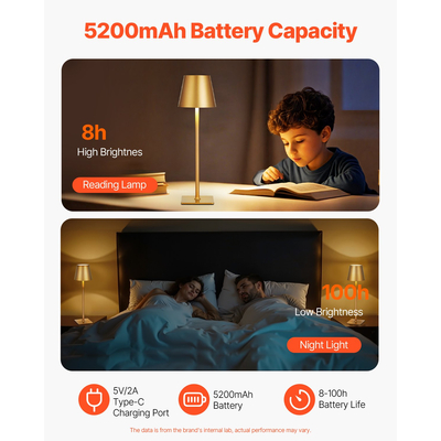 Ασύρματο Επιτραπέζιο Φωτιστικό VEVOR, Πακέτο 2 Φωτιστικών Γραφείου με Επαναφορτιζόμενη Μπαταρία 5200mAh, Χρυσό