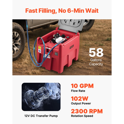 Φορητή δεξαμενή καυσίμου VEVOR Diesel 58 γαλόνια Δεξαμενή βενζίνης 12V Αντλία μεταφοράς 10GPM