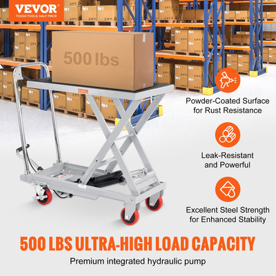 VEVOR Hydraulic Lift Table Cart, 500lbs Capacity 28,5" Lifting Ύψος, Χειροκίνητο Τραπέζι ανύψωσης μονής ψαλίδας με 4 τροχούς και αντιολισθητικό μαξιλαράκι, Υδραυλικό καρότσι με ψαλίδια για χειρισμό υλικού, γκρι