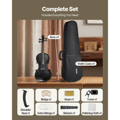 Σετ βιολιών VEVOR 355mm από μασίφ ξύλο για αρχάριους με θήκη Rosin Black