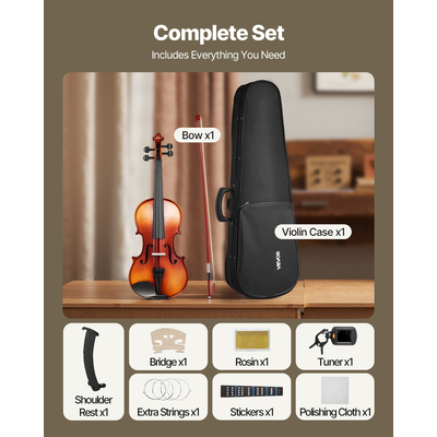 Σετ βιολιών VEVOR, μέγεθος 355mm, από μασίφ ξύλο για αρχάριους, γυαλιστερό καφέ με σχέδιο
