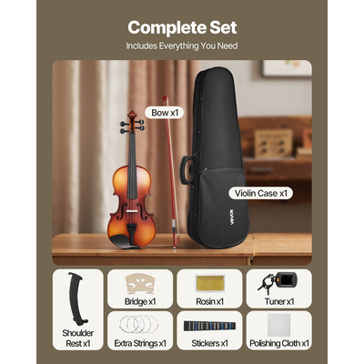 Σετ βιολιού VEVOR 355mm πλήρους μεγέθους από μασίφ ξύλο για αρχάριους, ματ καφέ