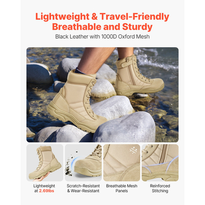 Ανδρικές στρατιωτικές τακτικές μπότες VEVOR 203 mm χρώματος άμμου με πλαϊνό φερμουάρ, Ηνωμένο Βασίλειο, μέγεθος 8