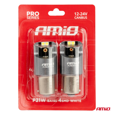 ΛΑΜΠΕΣ LED CAN-BUS P21W BA15S 12/24V 6.000K 4xSMD ΛΕΥΚΟ PRO SERIES AMIO - 2 ΤΕΜ.