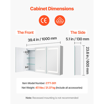 Φωτιζόμενο ιατρείο VEVOR με καθρέφτη από σκληρυμένο γυαλί 100x60 cm, τοποθετημένο στον τοίχο
