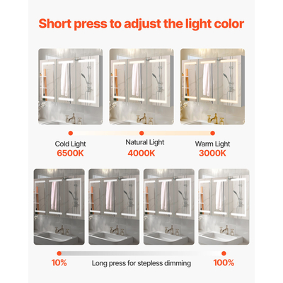 Φωτιζόμενο ιατρείο VEVOR με καθρέφτη από σκληρυμένο γυαλί 100x60 cm, τοποθετημένο στον τοίχο