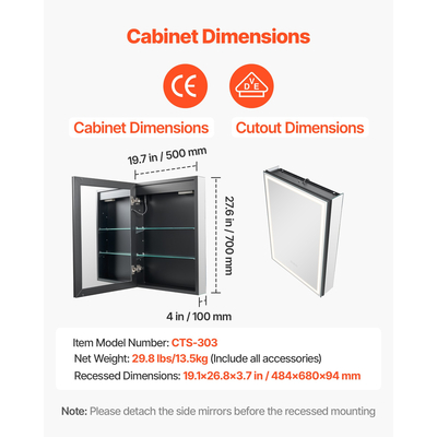 VEVOR Φωτιζόμενος Καθρέφτης Φαρμακείου 50 x 70 cm Φωτιστικό Κάτω Τοίχου Εντοιχιζόμενος