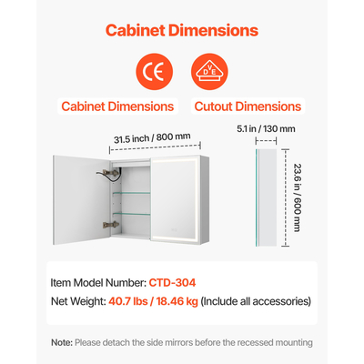 Φωτιζόμενο ιατρείο VEVOR με καθρέφτη HD 3 χρώματα 60 x 80 cm, τοποθετημένο στον τοίχο