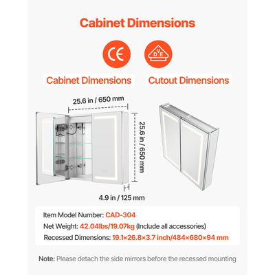 Φωτιζόμενο ιατρείο VEVOR με καθρέφτη HD 65 x 65 cm, χωνευτό ή επιτοίχιο