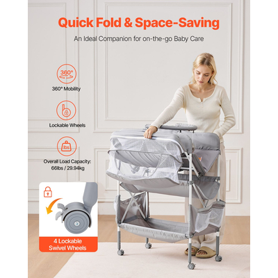 VEVOR Πτυσσόμενος Σταθμός Αλλαγής Πάνας για Μωρά με Πλαϊνό Καλάθι & Ράβδο Κρεμάστρας Γκρι
