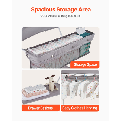 VEVOR Πτυσσόμενος Σταθμός Αλλαγής Πάνας για Μωρά με Πλαϊνό Καλάθι & Ρόδες Ανοιχτό Γκρι