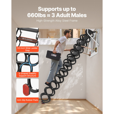 Σκάλα σοφίτας VEVOR για τοποθέτηση σε τοίχο, χωρητικότητας 660LBS/299,4KG, για οροφές 9,5-10 ft