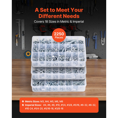 VEVOR 2250 τεμάχια Σετ Βιδών, Παξιμαδιών και Συλλογή από Μετρικό Αυτοκρατορικό Ατσάλι M3 M4 M5