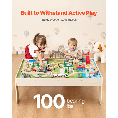 Τραπεζάκι VEVOR Train Table 120 τεμαχίων Ξύλινο παιδικό τραπέζι δραστηριοτήτων με πτυσσόμενο κάδο αποθήκευσης
