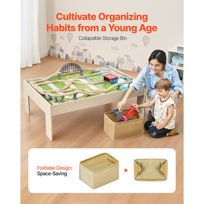 Τραπεζάκι VEVOR Train Table 120 τεμαχίων Ξύλινο παιδικό τραπέζι δραστηριοτήτων με πτυσσόμενο κάδο αποθήκευσης