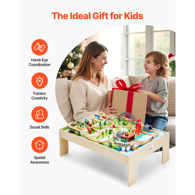 Τραπεζάκι VEVOR Train Table 120 τεμαχίων Ξύλινο παιδικό τραπέζι δραστηριοτήτων με πτυσσόμενο κάδο αποθήκευσης