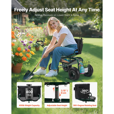 VEVOR Τροχαίο Καρότσι Κήπου με Περιστρεφόμενο Κάθισμα και Επεκτεινόμενη Λαβή, Κουτί Αποθήκευσης