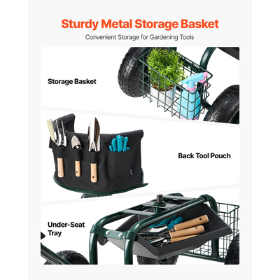 VEVOR Τροχαίο Καρότσι Κήπου με Περιστρεφόμενο Κάθισμα και Επεκτεινόμενη Λαβή, Κουτί Αποθήκευσης