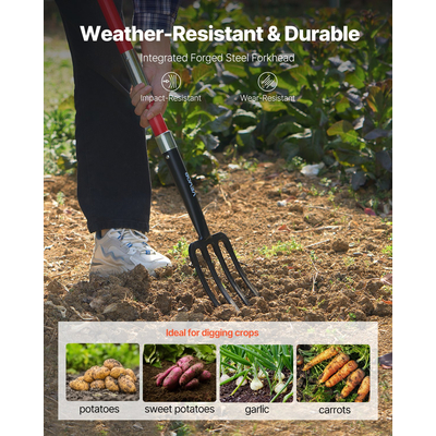 4 Tines Garden Fork Fiberglass Handle 45 in Digging Spading Pitchfork Heavy Duty | VEVOR US