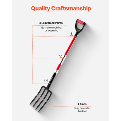 4 Tines Garden Fork Fiberglass Handle 45 in Digging Spading Pitchfork Heavy Duty | VEVOR US