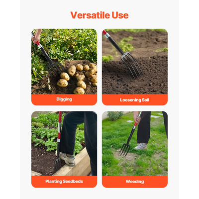 4 Tines Garden Fork Fiberglass Handle 45 in Digging Spading Pitchfork Heavy Duty | VEVOR US