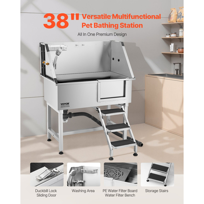 VEVOR Μπανιέρα περιποίησης σκύλου 96,5 cm από ανοξείδωτο ατσάλι με σκάλα και κεφαλή ντους
